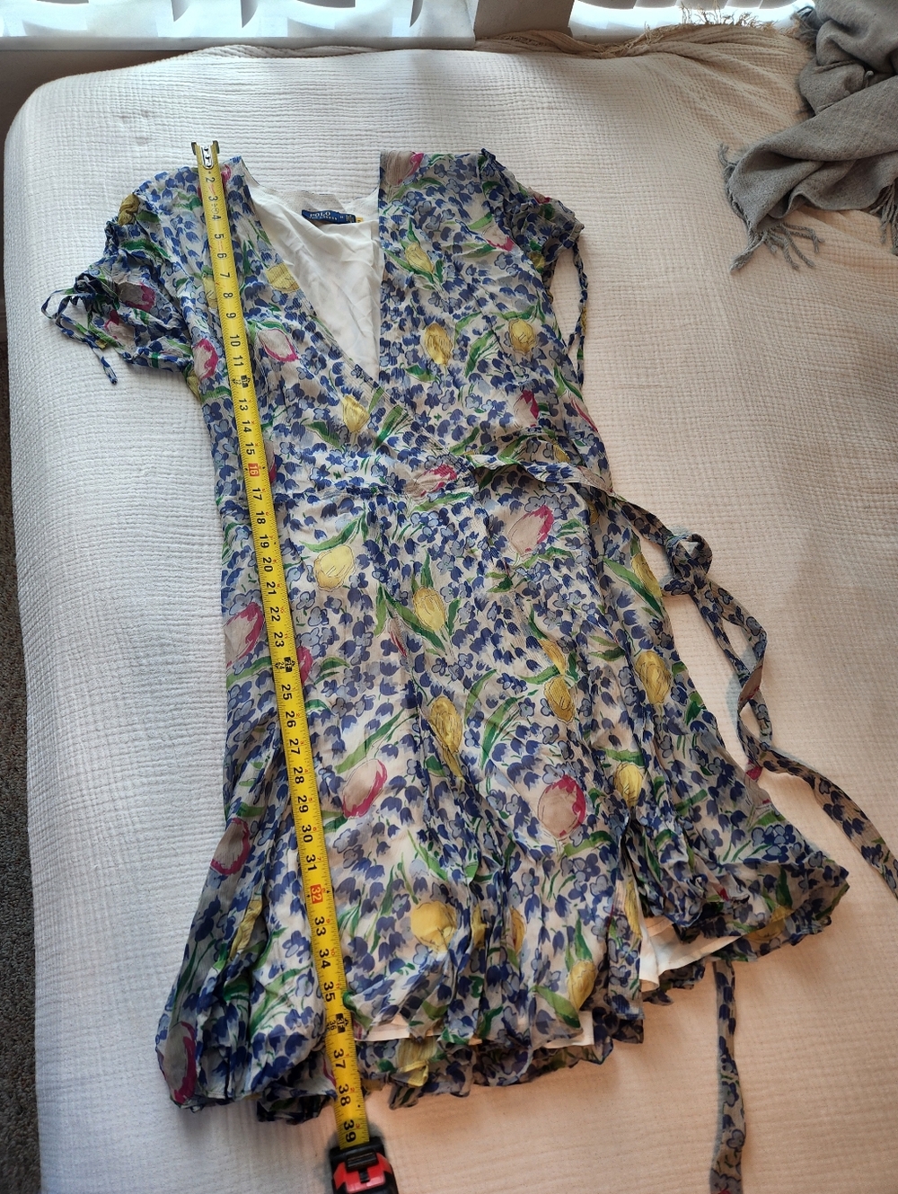 Polo by Ralph Lauren Blue Floral Wrap Mini Dress with Pastel Tulips - Picture 8 of 12
